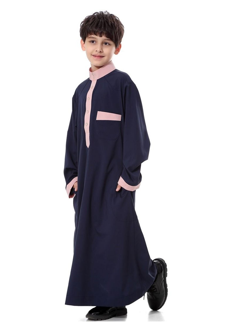 إسكدنيا Boy's Muslim Arab Long Sleeve Kaftan Middle Eastern Kandora Thobe Thawb Navy Blue/Pink  - Image 2