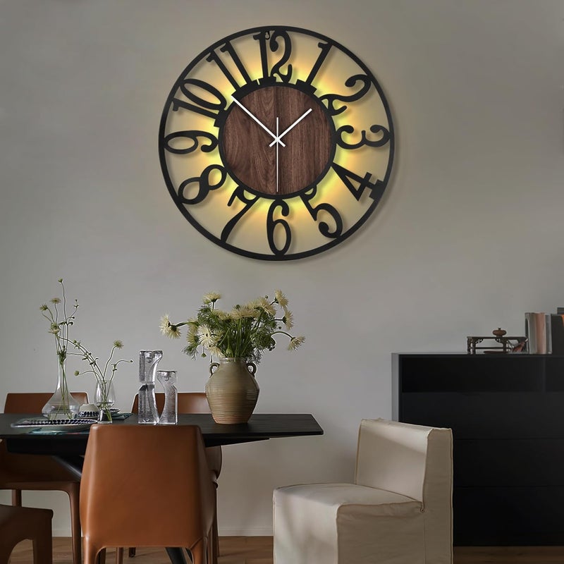 LEIKE Large LED Wall Clocks,Silent,Non Ticking,Battery Operated Rustic Round Modern Big Wood Wall Clock for Living Room, Bedroom,Kitchen,Farmhouse,Office,Home Decor -20" Black,LED,Arabic Number - Image 5