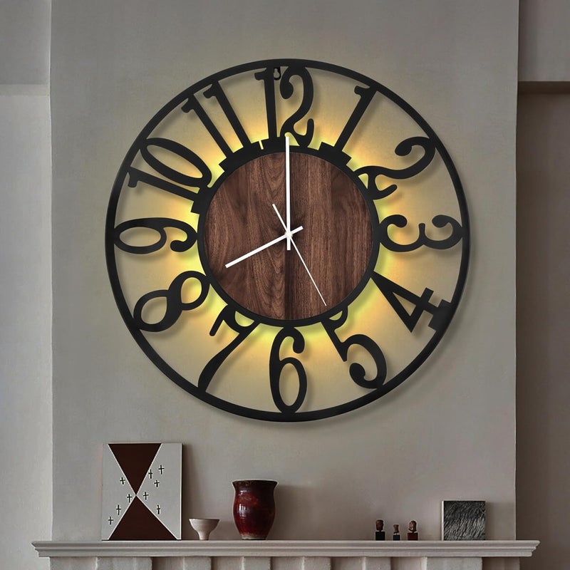 LEIKE Large LED Wall Clocks,Silent,Non Ticking,Battery Operated Rustic Round Modern Big Wood Wall Clock for Living Room, Bedroom,Kitchen,Farmhouse,Office,Home Decor -20" Black,LED,Arabic Number - Image 1