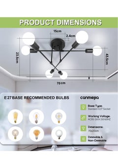 XiuWoo Modern Sputnik Chandelier Ceiling Light Fixture with 6 Lights Black Mid Century Semi Flush Mount Ceiling Lights Fixture for Bedroom, Dining Room, Living Room, Kitchen, E27 Base, Bulbs Not Included  - Image 4