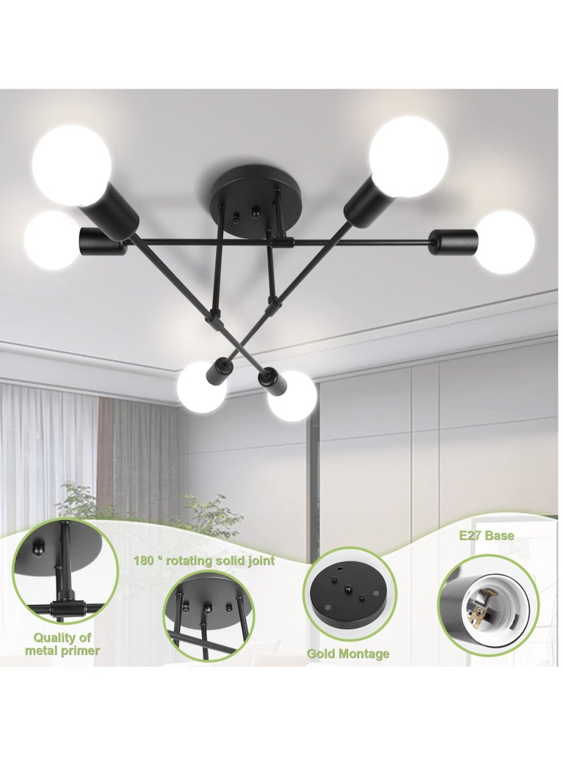 XiuWoo Modern Sputnik Chandelier Ceiling Light Fixture with 6 Lights Black Mid Century Semi Flush Mount Ceiling Lights Fixture for Bedroom, Dining Room, Living Room, Kitchen, E27 Base, Bulbs Not Included  - Image 5