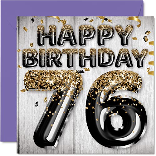 Stuff4 76th Birthday Card for Men - Black & Gold Glitter Balloons - Happy Birthday Cards for 76 Year Old Man Dad Papa Pop Pops Great Grandpa Gran, 5.7 Inch Seventy-Six Seventy-Sixth Greeting Cards Gift - Image 1