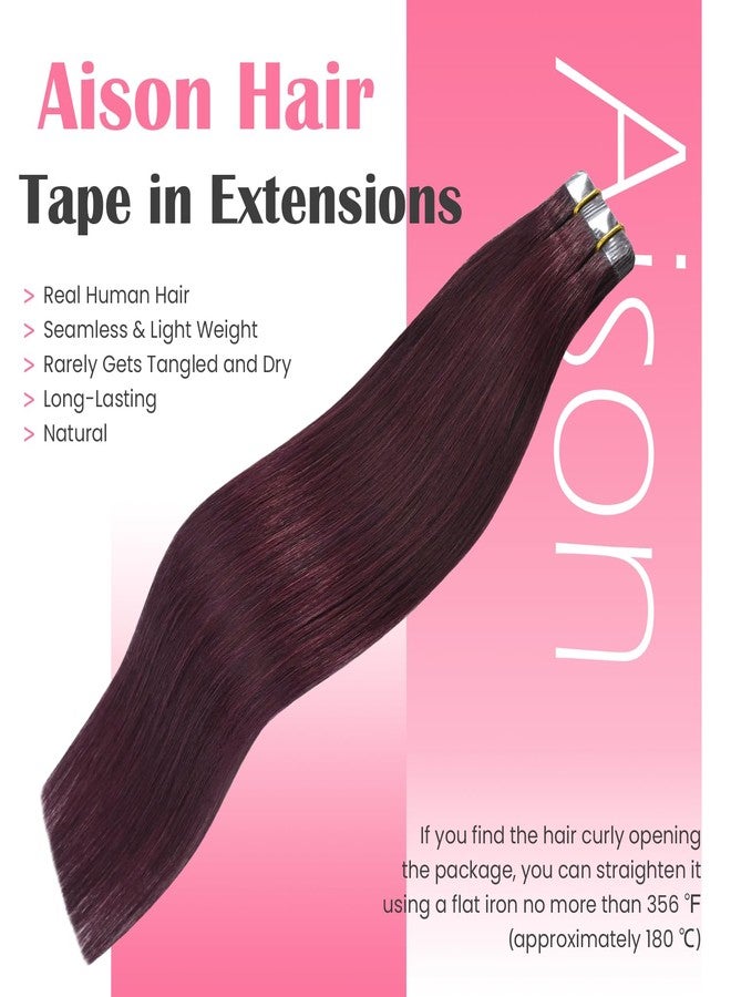 Aison Wine Red Tape in Hair Extensions Remy Human Hair Extensions Silky Straight for Women 20 Pcs/Package(16Inch #99j 30g) - Image 4