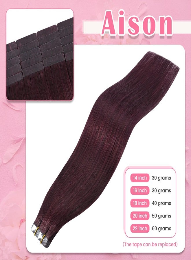 Aison Wine Red Tape in Hair Extensions Remy Human Hair Extensions Silky Straight for Women 20 Pcs/Package(16Inch #99j 30g) - Image 2