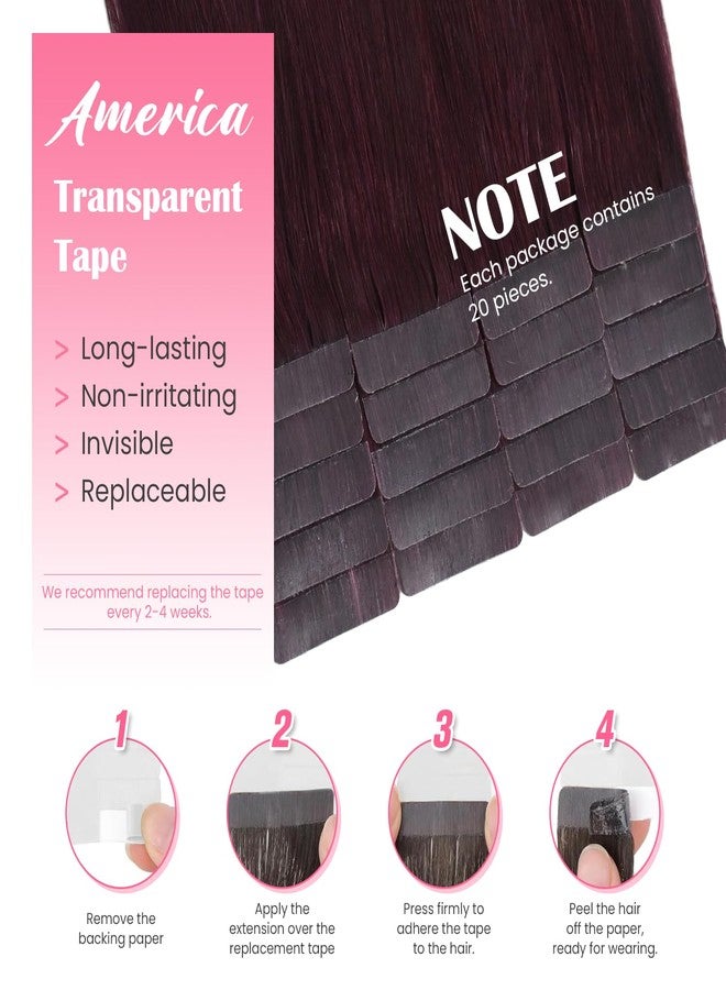 Aison Wine Red Tape in Hair Extensions Remy Human Hair Extensions Silky Straight for Women 20 Pcs/Package(16Inch #99j 30g) - Image 3