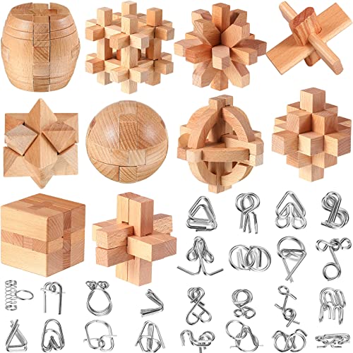 Tuanse 34 Pcs Metal Brain Teaser Puzzles for Kids Adult 3D Wooden Mind Games Puzzle Cube Wooden Brain Games Block Metal Wire Unlock Interlock Game Educational Logic Mind Desktop Toys - Image 1