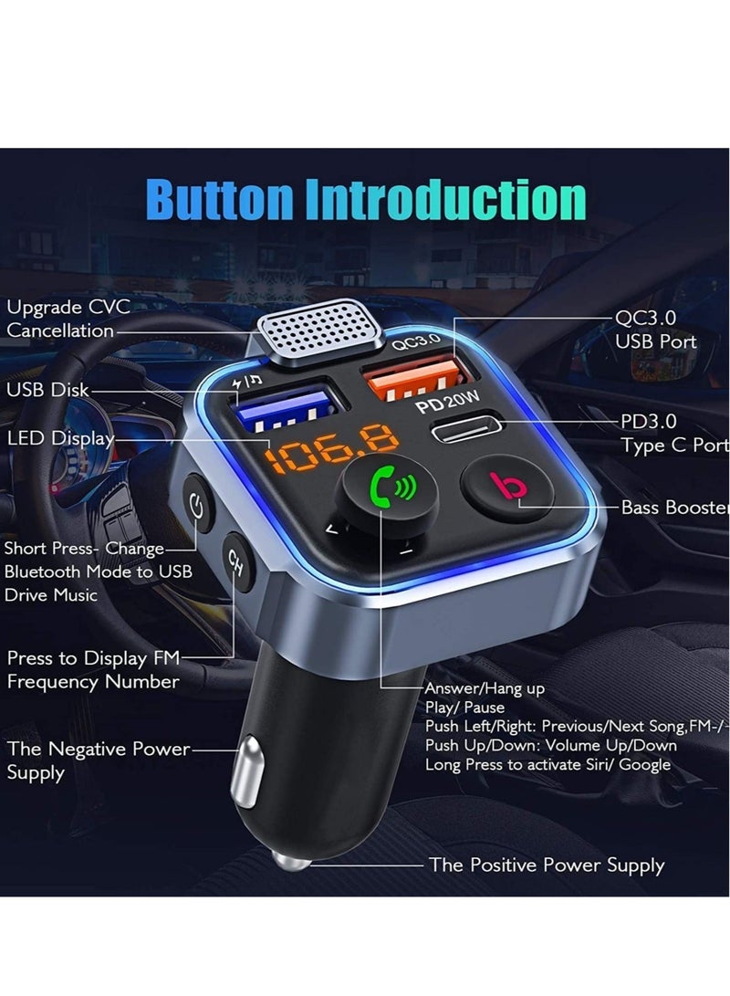 ELTRAZONE New Design Car FM Transmitter, Wireless Bluetooth 5.0 Radio Adapter Car Kit, PD3.0 Type C 20W+QC3.0 Car Fast Charger, Hands Free Calling, Bass Lossless Hi-Fi Sound Support U Disk - Image 2