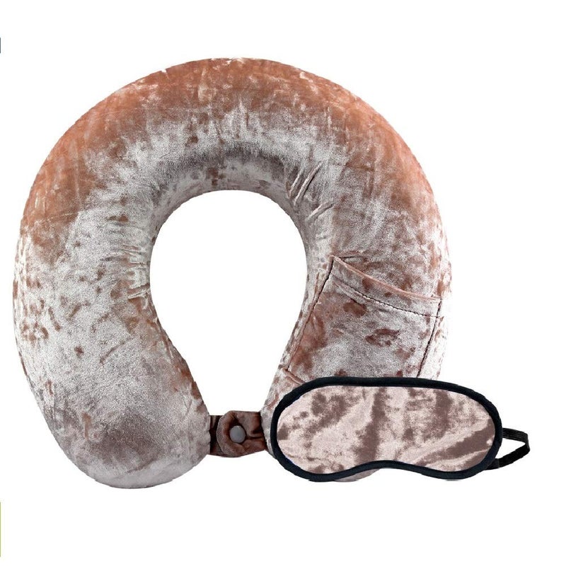 Cloudz Crushed Velvet Memory Foam Neck Pillow with Sleep Mask Pink