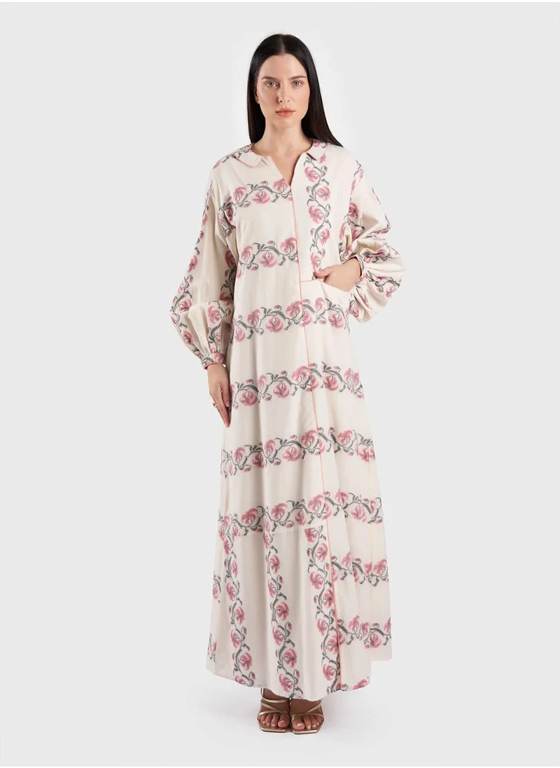 كشخة Cotton Jacquard Handloom Floral Print Jalabiya