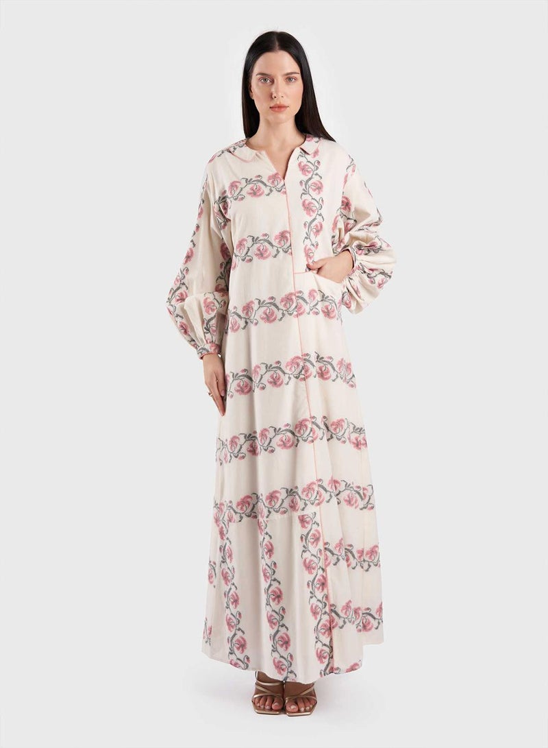 كشخة جلابية قطنية جاكار بنقش زهور يدوي - Image 1