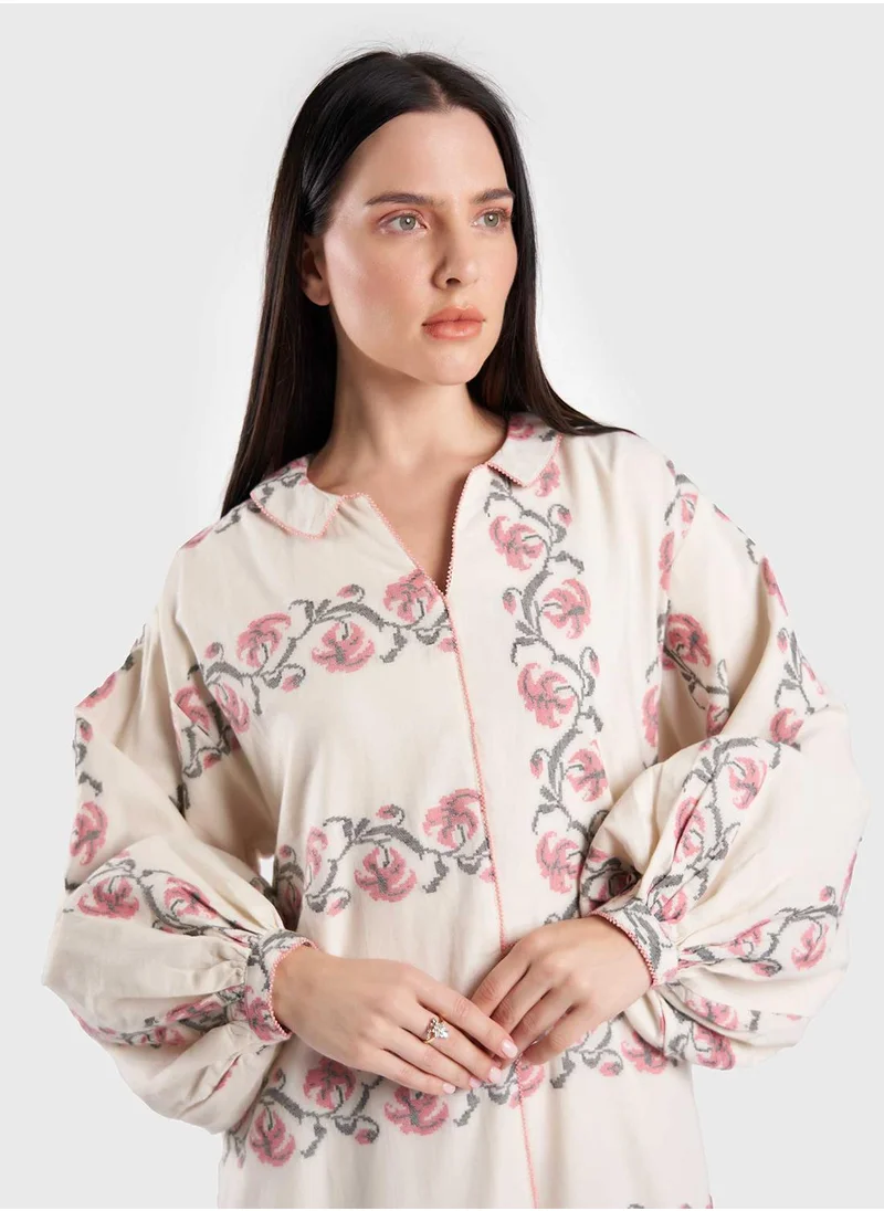 كشخة Cotton Jacquard Handloom Floral Print Jalabiya