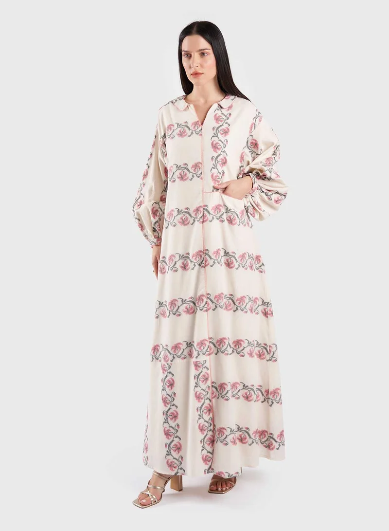 KASHKHA Cotton Jacquard Handloom Floral Print Jalabiya