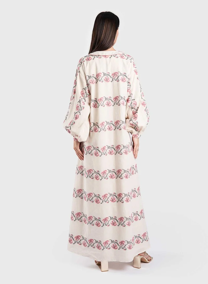 KASHKHA Cotton Jacquard Handloom Floral Print Jalabiya