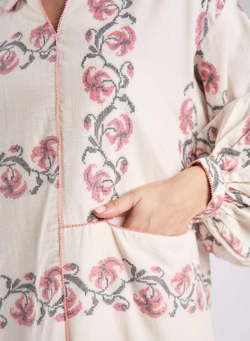 كشخة جلابية قطنية جاكار بنقش زهور يدوي - Image 5