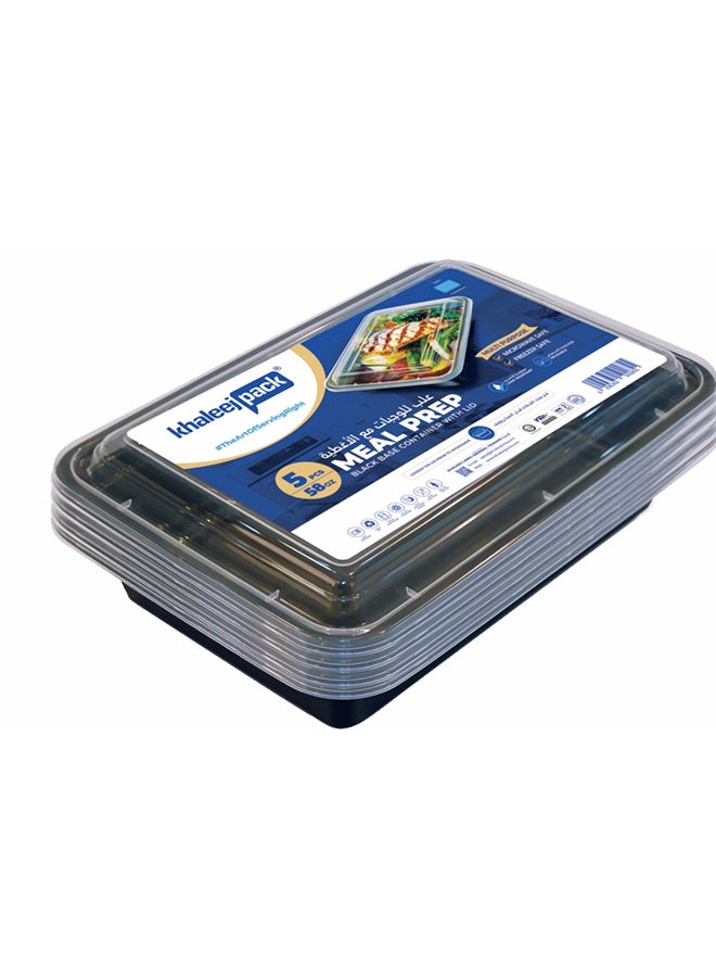 Khaleej Pack 58 oz-5 Pcs Black-Base clear Microwave container with lids - rectanglular  Disposable food storage container with lids - Image 1