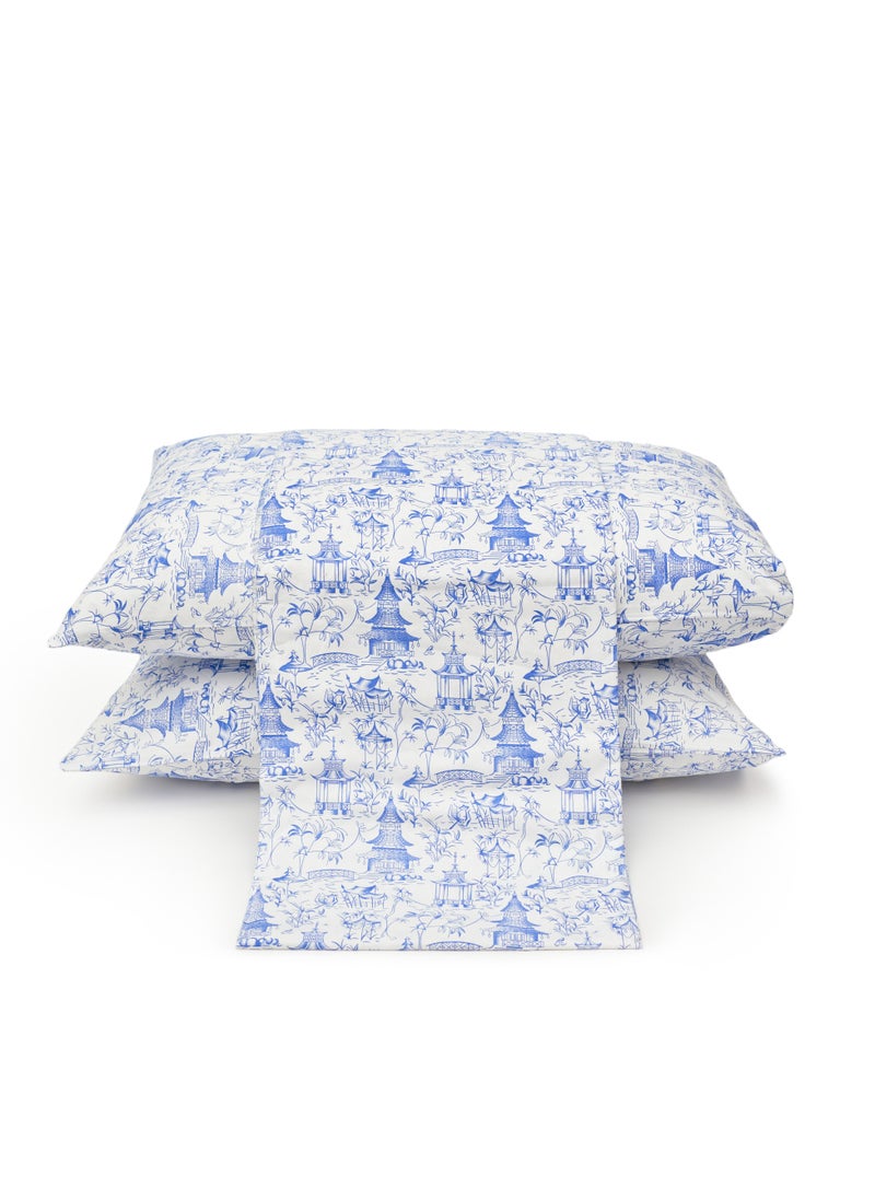 Home of linens طقم سرير مطبوع - 3 قطع لسرير فردي - 1 ملاءة مسطحة (180 سم * 260 سم) + 2 كيس وسادة (50 سم * 70 سم) - 100% قطن ساتان - منازل بيضاء * زرقاء  - Image 1