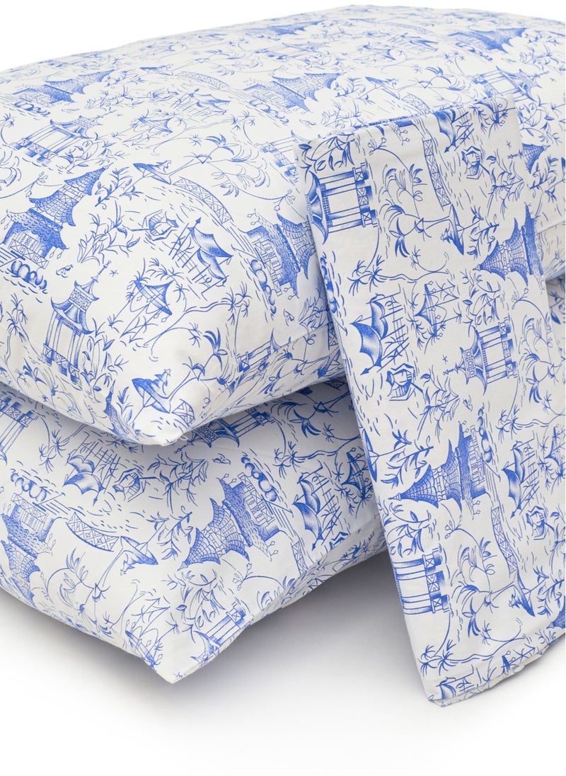 Home of linens طقم سرير مطبوع - 3 قطع لسرير فردي - 1 ملاءة مسطحة (180 سم * 260 سم) + 2 كيس وسادة (50 سم * 70 سم) - 100% قطن ساتان - منازل بيضاء * زرقاء  - Image 4