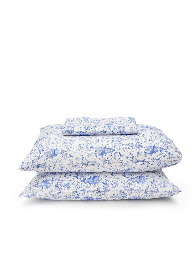 Home of linens طقم سرير مطبوع - 3 قطع لسرير فردي - 1 ملاءة مسطحة (180 سم * 260 سم) + 2 كيس وسادة (50 سم * 70 سم) - 100% قطن ساتان - منازل بيضاء * زرقاء  - Image 2