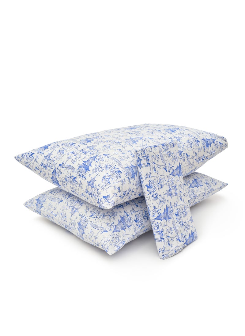 Home of linens طقم سرير مطبوع - 3 قطع لسرير فردي - 1 ملاءة مسطحة (180 سم * 260 سم) + 2 كيس وسادة (50 سم * 70 سم) - 100% قطن ساتان - منازل بيضاء * زرقاء  - Image 3