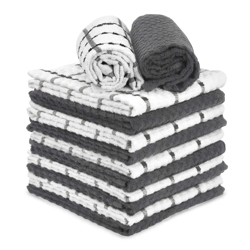 TALVANIA Gray  White Kitchen Dish Towels 100 Cotton Dobby Weave Terry Towel Set 12 Grey Soft  Absorbent Dish Cloth for Hand and All Kitchen Cleaning 15 X 25 Machine Washable Charcoal
