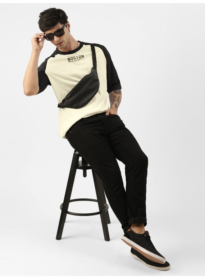 Maniac Mens Printed Round Neck raglan Half Sleeve Beige & Black Cotton Oversized Tshirt - Image 4