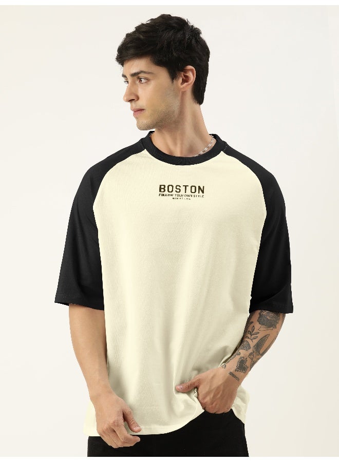 Maniac Mens Printed Round Neck raglan Half Sleeve Beige & Black Cotton Oversized Tshirt - Image 3