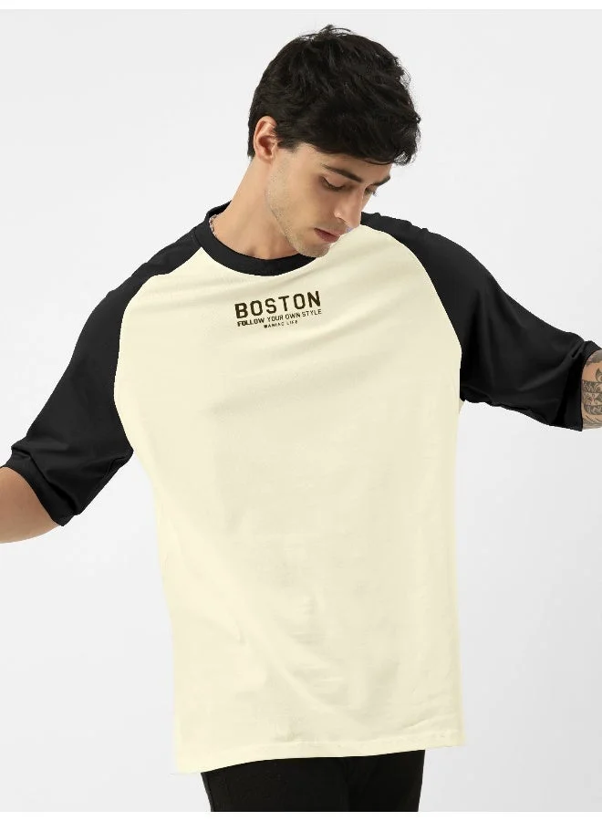 Maniac  Maniac Mens Printed Round Neck raglan Half Sleeve Beige & Black Cotton Oversized Tshirt for Men | Best Price UAE