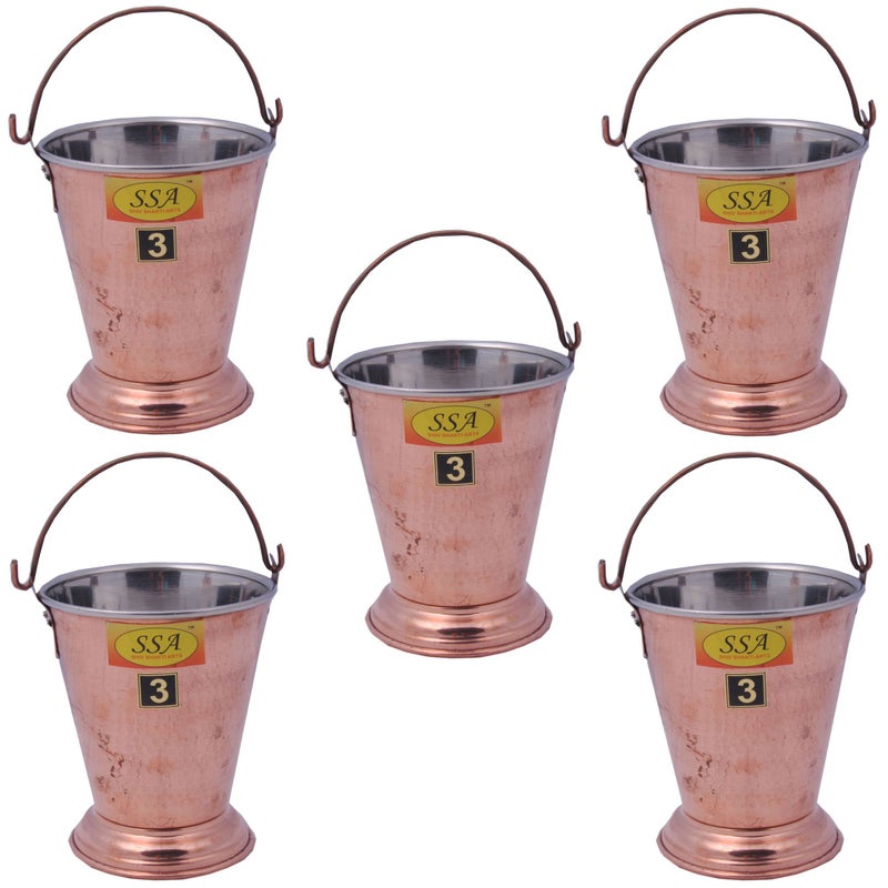 SHIV SHAKTI ARTS SHIV SHAKTI ARTS 15.5 x 13 X 10 cm Handmade Set of 5 Traditional Steel Copper Bucket/Copper Balti Volume 700 ML Each for a Vegetable Dish Serving Restaurant Ware Hotel Ware Home Gift  - Image 1
