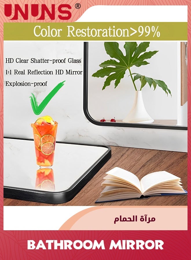 UNUNS مرآة فاخرة سوداء، مرآة حمام فوق الحوض، مرآة مؤطرة من الألمنيوم مثبتة على الحائط لغرفة النوم، الحمام، الزاوية، مرآة حديثة ذات زوايا مدورة مضادة للصدأ، 40x60 سم - Image 5