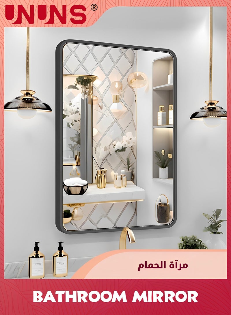 UNUNS مرآة فاخرة سوداء، مرآة حمام فوق الحوض، مرآة مؤطرة من الألمنيوم مثبتة على الحائط لغرفة النوم، الحمام، الزاوية، مرآة حديثة ذات زوايا مدورة مضادة للصدأ، 40x60 سم - Image 1