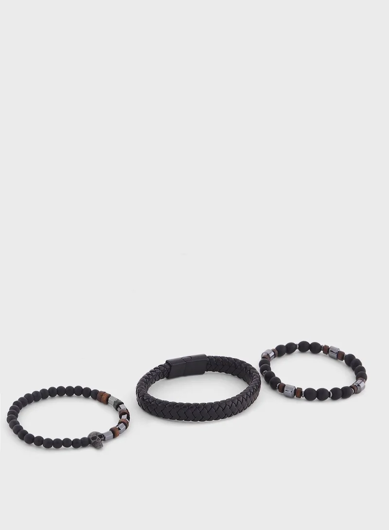 Seventy Five 3 Pack Plaited Skull Bracelet Set