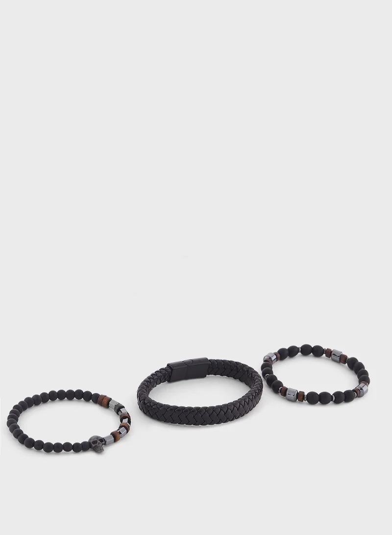 Seventy Five 3 Pack Plaited Skull Bracelet Set