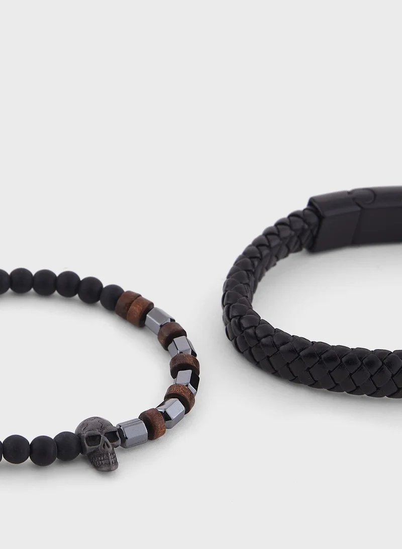 Seventy Five 3 Pack Plaited Skull Bracelet Set