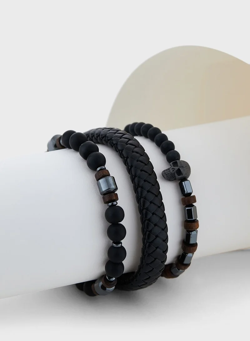 Seventy Five 3 Pack Plaited Skull Bracelet Set