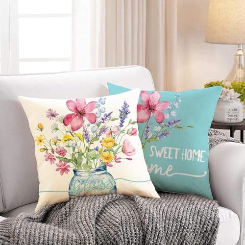 WOKANI Spring Outdoor Throw Pillow Covers 18x18 Set of 4 Summer Garden Flowers Farmhouse Patio Decorative Cushion Covers Home Decor Couch for Sofa Bedroom Livingroom, SkyBlue - Image 3