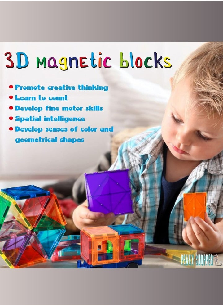 PEAKY KIDS - 78 pcs magnetic tiles for kids,  stem approved educational magnetic blocks, 3d montessori toys for boys girls, constructing structures shapes building sets for brain activity & creativity - Image 1