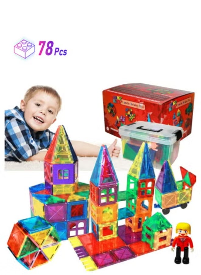 PEAKY KIDS 78 pcs magnetic tiles for kids,  stem approved educational magnetic blocks, 3d montessori toys for boys girls, constructing structures shapes building sets for brain activity & creativity - Image 1