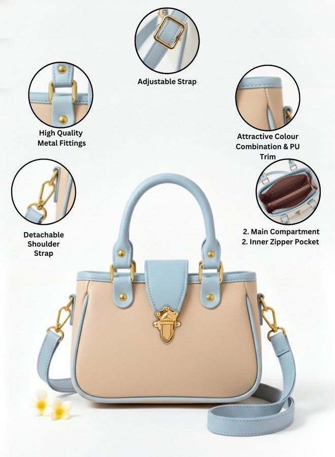 LIKE STYLE Women’s Stylish PU Sling Bag with Metal Flap Lock | Dual Compartments Crossbody & Shoulder Handbag | Detachable Strap & Top Handle | Trendy Daily Use Bag (Beige) - Image 5