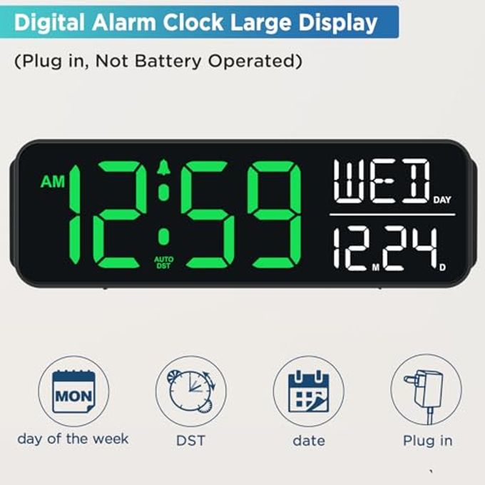 Peakeep Large Display Digital Alarm Clock for Bedrooms, Date Day of Week Desk Table Clocks for Living Room Office, Dimmable Plug in Electric Clock, 5 Volumes, Loud, Auto DST - Image 2
