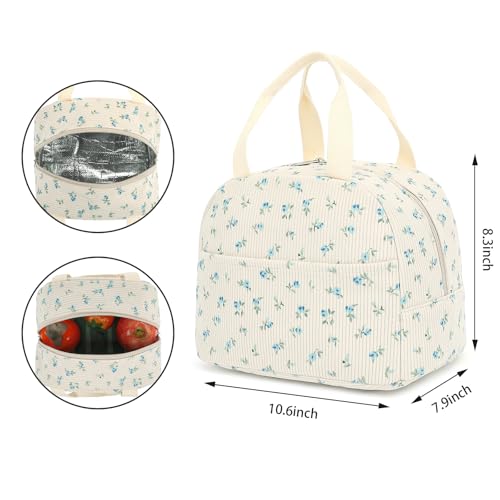 Yusudan Corduroy Lunch Bag for Women Girls Lunch Tote Bags Reusable Insulated Lunch Box for Work Picnic School Travel (Beige Corduroy - Floral Blue) - Image 5