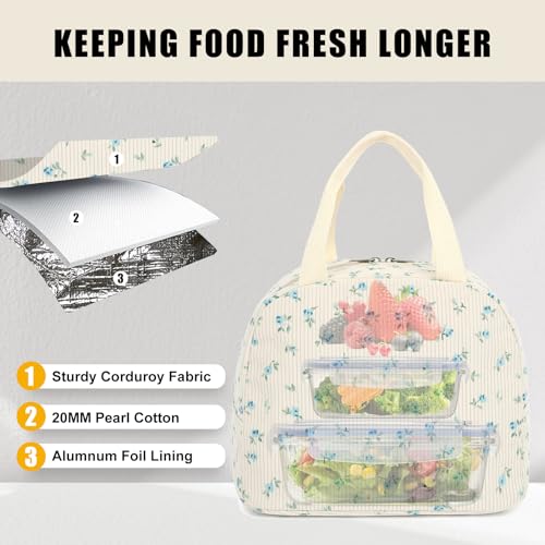 Yusudan Corduroy Lunch Bag for Women Girls Lunch Tote Bags Reusable Insulated Lunch Box for Work Picnic School Travel (Beige Corduroy - Floral Blue) - Image 3