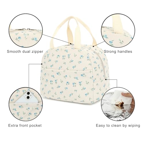 Yusudan Corduroy Lunch Bag for Women Girls Lunch Tote Bags Reusable Insulated Lunch Box for Work Picnic School Travel (Beige Corduroy - Floral Blue) - Image 4