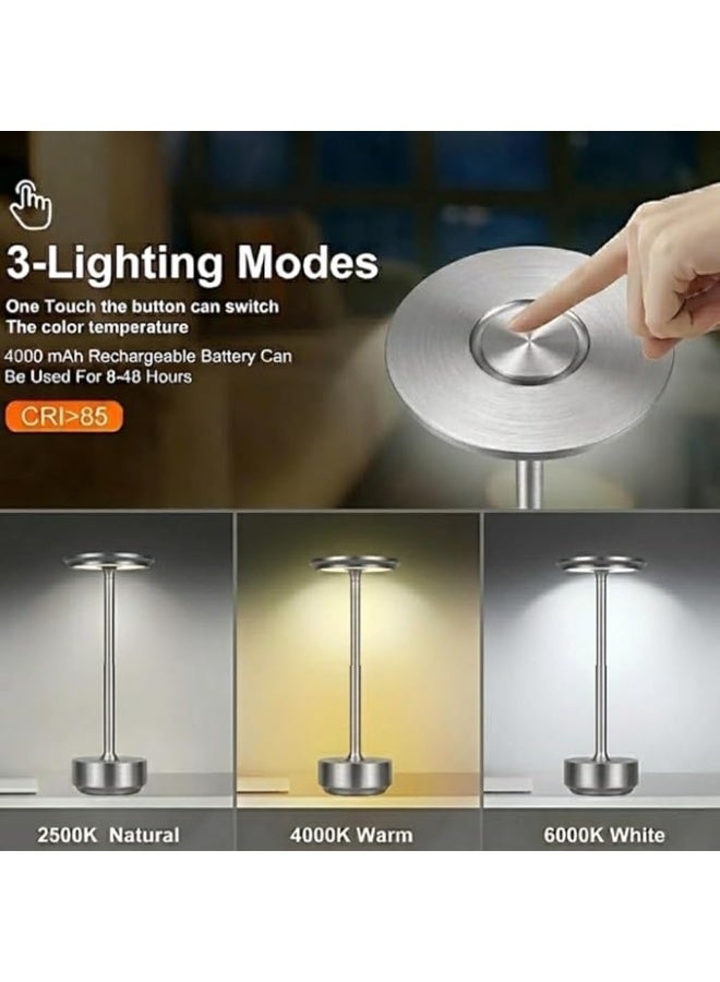zentora Cordless LED Table Lamp, 4000mAh Rechargeable Battery Operated Mini Bedside Lamp, 3-Level Brightness, Portable for Dining Table, Bar & Outdoor Use (Silver) - Image 4