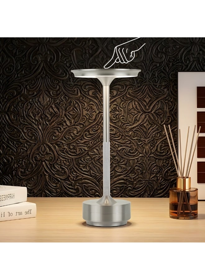 zentora Cordless LED Table Lamp, 4000mAh Rechargeable Battery Operated Mini Bedside Lamp, 3-Level Brightness, Portable for Dining Table, Bar & Outdoor Use (Silver) - Image 1