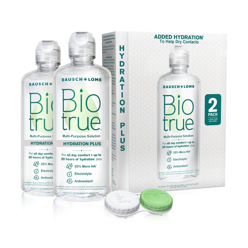 Biotrue Hydration Plus Contact Lens Solution with Lens Case MultiPurpose Solution for Soft Lenses Hydrates with Hyaluronan Cleans Clears and Disinfects for AllDay Comfort 10 Fl Oz Pack of 2