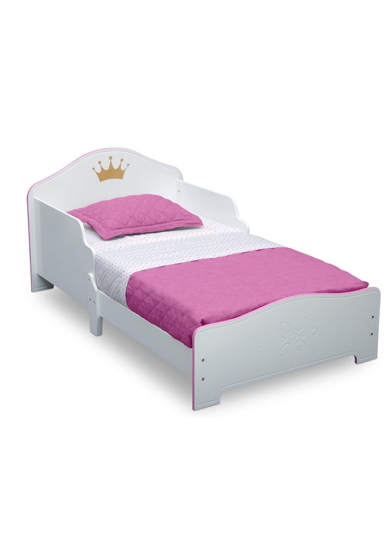 Delta CHILDREN - Princess Crown Toddler Bed | Wood Frame with Guardrails | White Pink Finish | Fits Crib Mattress | 135.9x76.2x63.5 CM | Girl's Bedroom Furniture - Image 1