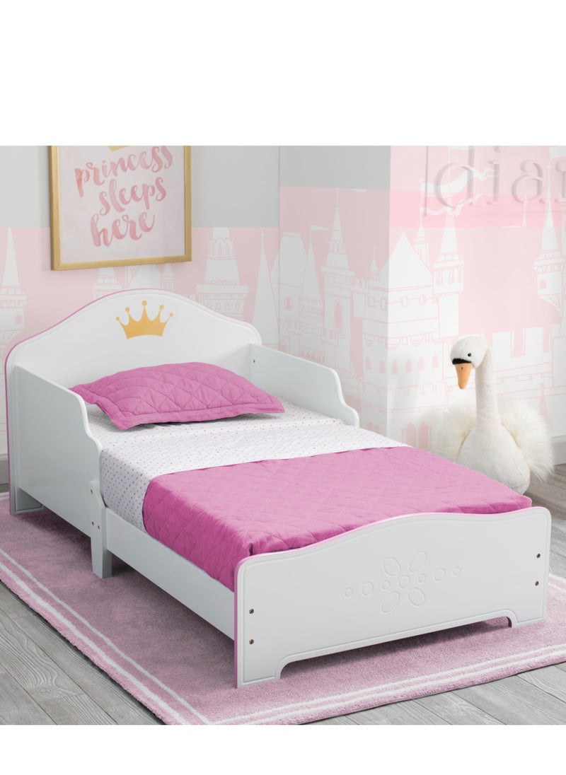 Delta CHILDREN - Princess Crown Toddler Bed | Wood Frame with Guardrails | White Pink Finish | Fits Crib Mattress | 135.9x76.2x63.5 CM | Girl's Bedroom Furniture - Image 1