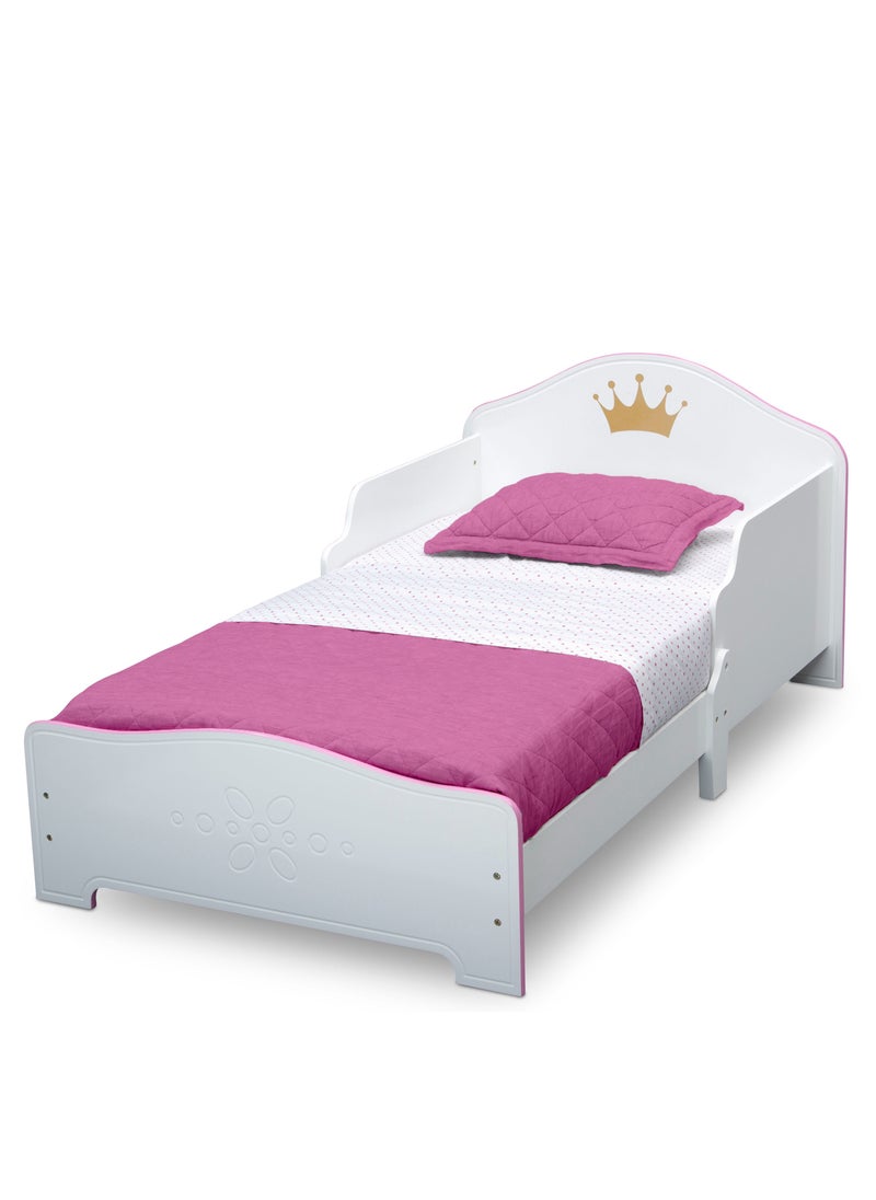 Delta CHILDREN - Princess Crown Toddler Bed | Wood Frame with Guardrails | White Pink Finish | Fits Crib Mattress | 135.9x76.2x63.5 CM | Girl's Bedroom Furniture - Image 1