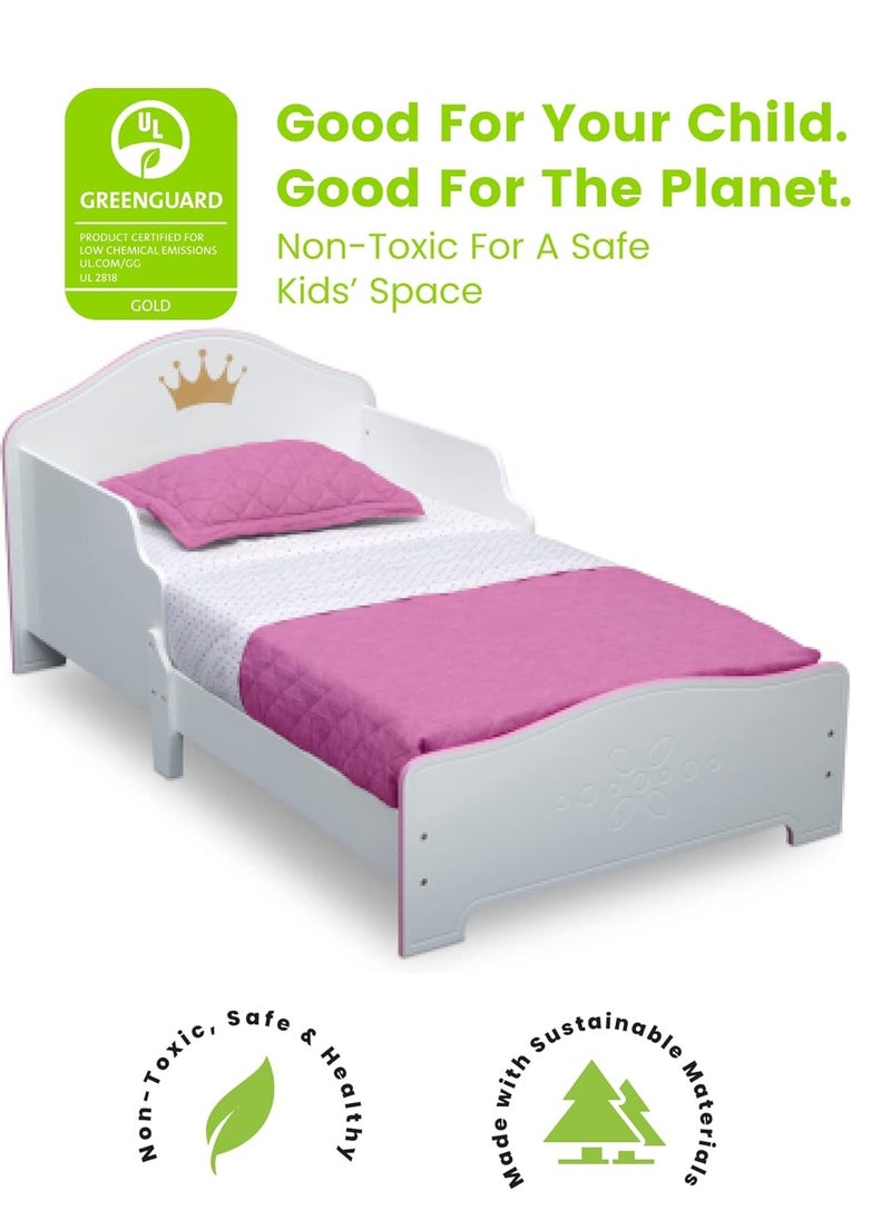 Delta CHILDREN - Princess Crown Toddler Bed | Wood Frame with Guardrails | White Pink Finish | Fits Crib Mattress | 135.9x76.2x63.5 CM | Girl's Bedroom Furniture - Image 1