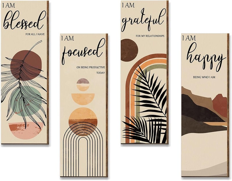Yulejo Boho Wall Art Prints 11 x 4 x 1 Inch, Set of 4, Mid Century Positive Affirmations Wall Decor Inspirational Boho Prints Wall Art Minimalist Home Decor Prints for Kitchen, Bedroom, Living Room, No Frame - Image 1